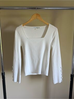 Calvin Klein White Ribbed Square-Neck Long Sleeve Top with Button Cuffs